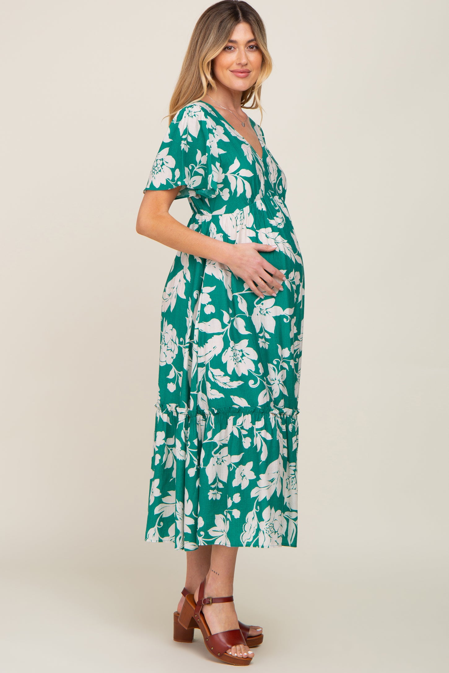 Green Tropical Print Ruffle Maternity Midi Dress