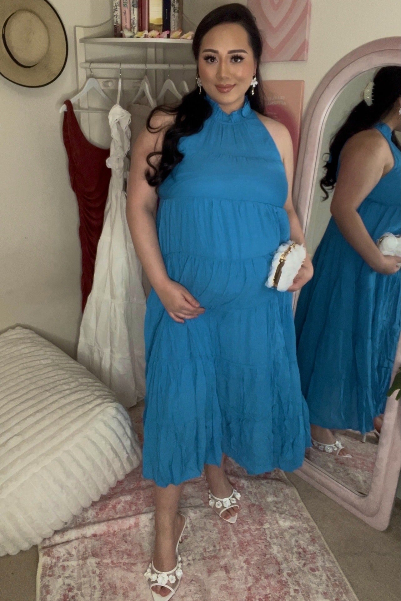 Blue Tiered High Neck Maternity Maxi Dress