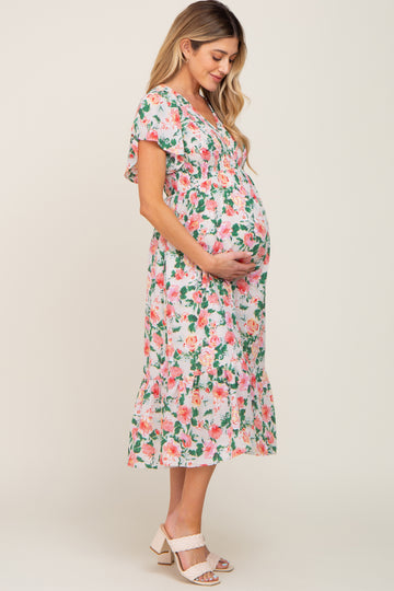 Cream Floral Smocked Flutter Sleeve Maternity Midi Dress