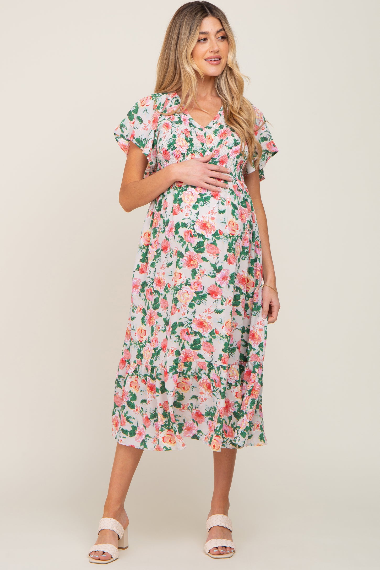 Cream Floral Smocked Flutter Sleeve Maternity Midi Dress