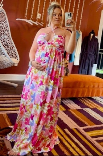 Fuchsia Floral Deep V Halter Maternity Maxi Dress