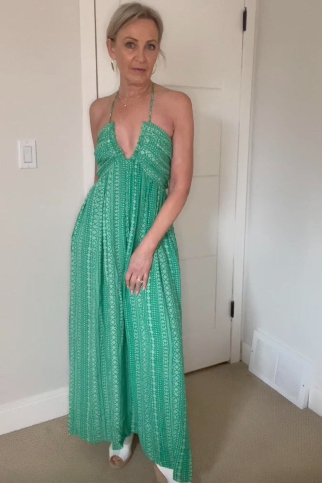 Green Halter Printed Side Slit Maxi Dress