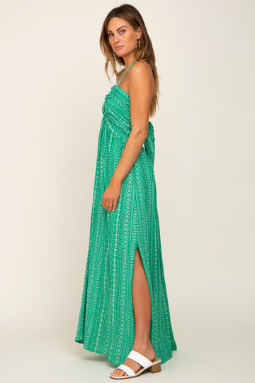 Green Halter Printed Side Slit Maxi Dress