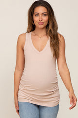 Taupe Ribbed Sleeveless Ruched Maternity Tank Top