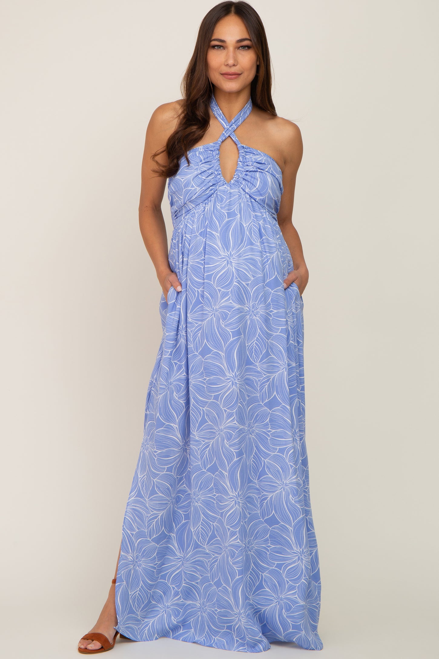 Blue Floral Halter Neck Maternity Maxi Dress