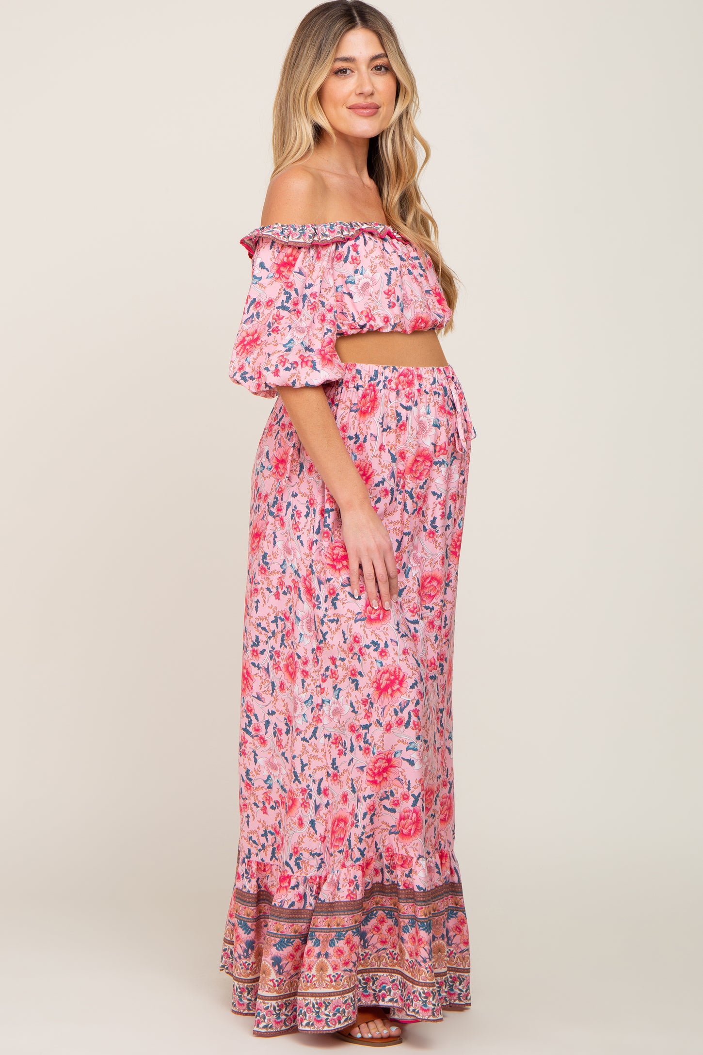 Pink Floral Off Shoulder Maternity Maxi Skirt Set