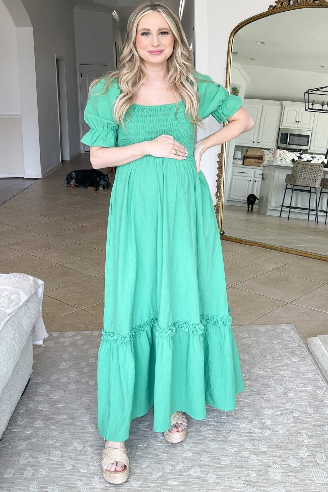 Green Puff Sleeve Ruffle Accent Maternity Maxi Dress