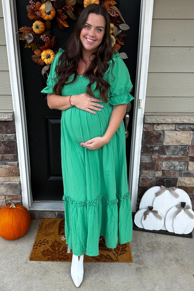 Green Puff Sleeve Ruffle Accent Maternity Maxi Dress