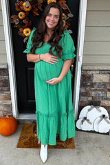 Green Puff Sleeve Ruffle Accent Maternity Maxi Dress