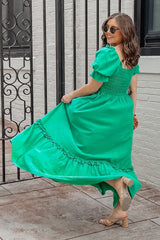 Green Puff Sleeve Ruffle Accent Maxi Dress