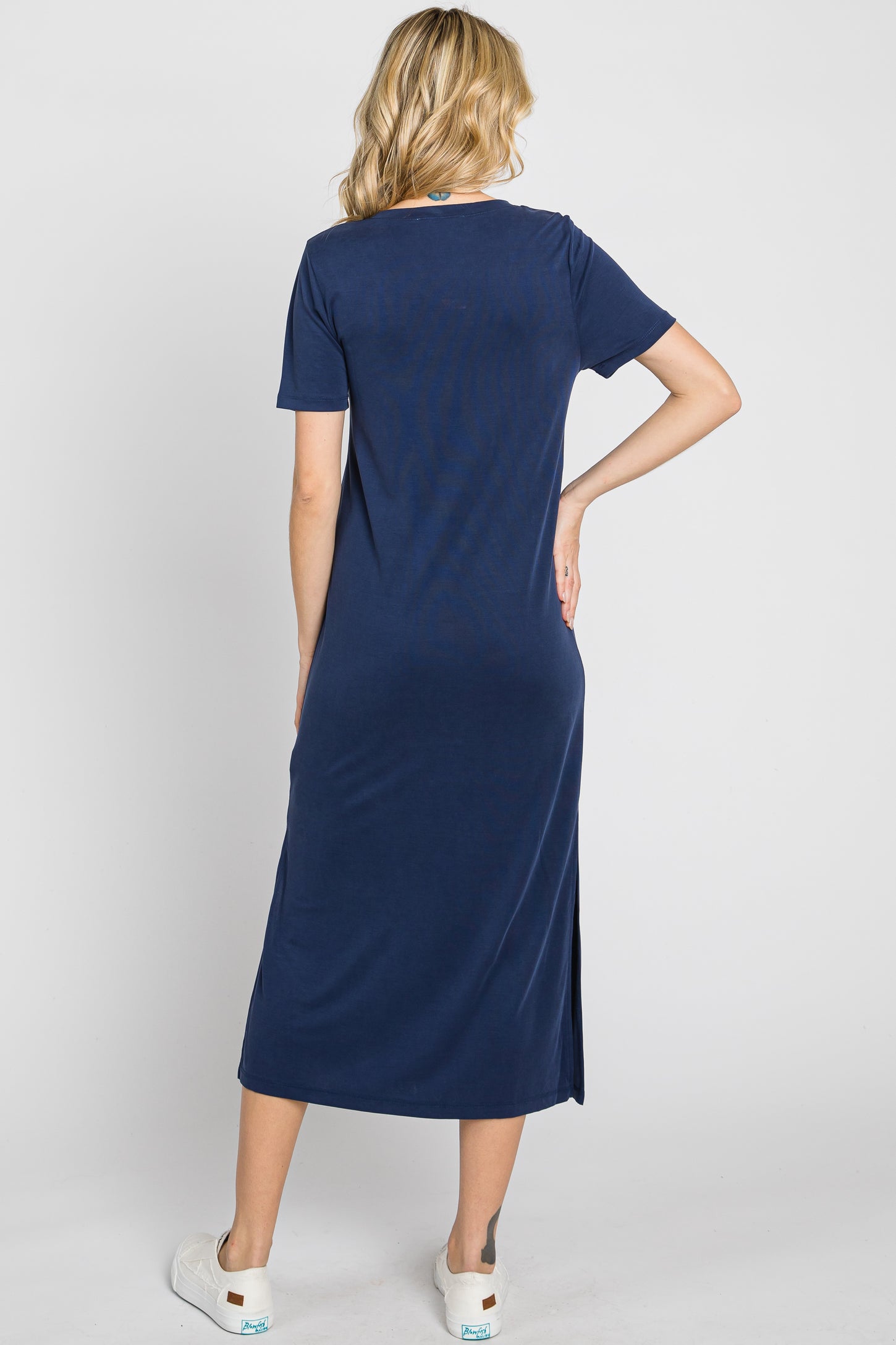 Navy V-Neck Short Sleeve Side Slit Midi Dress