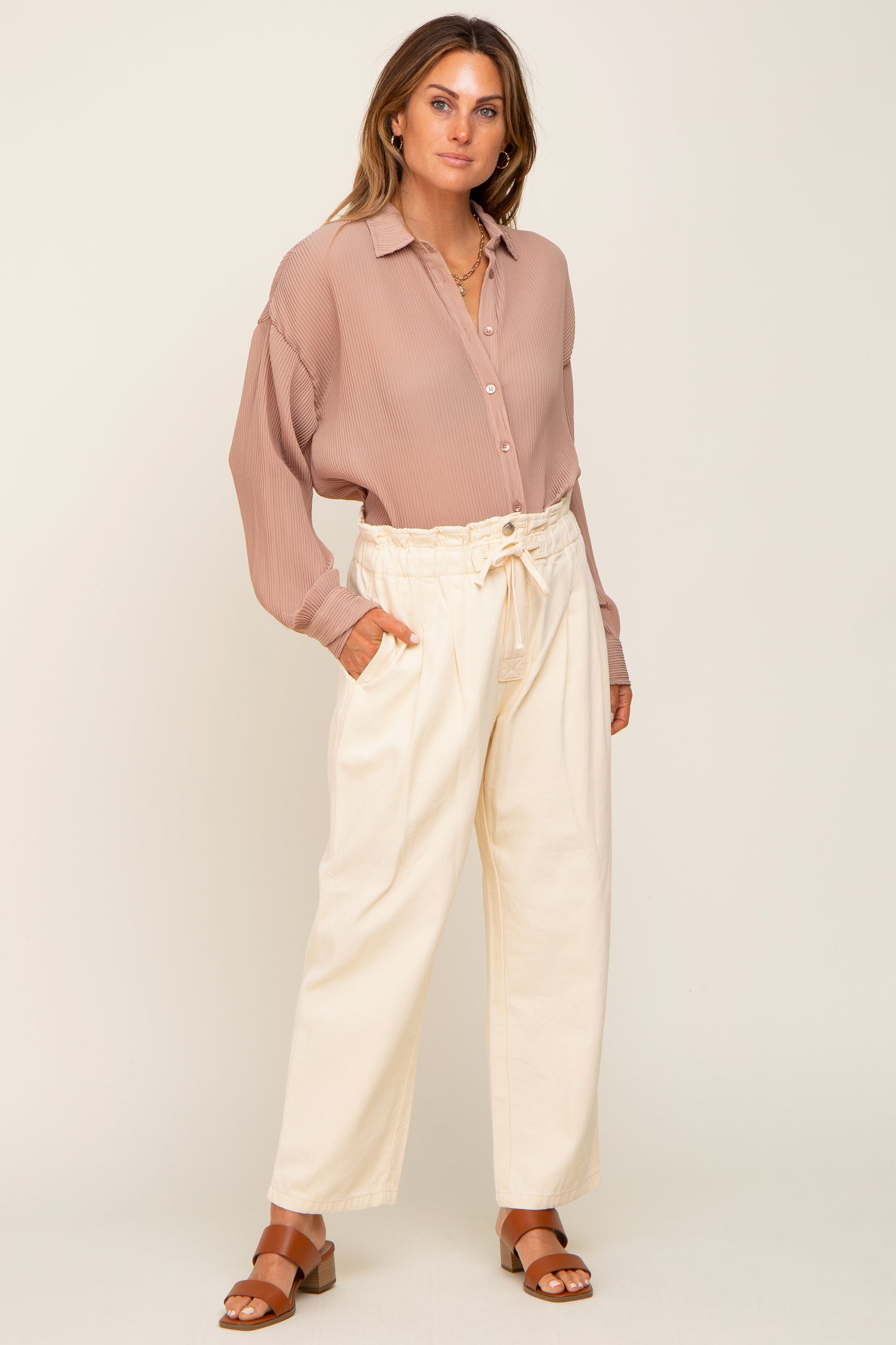 Taupe Plisse Chiffon Blouse