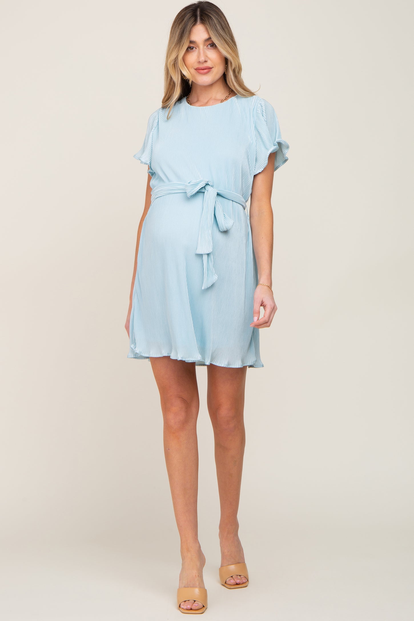 Light Blue Pleated Front Tie Maternity Dress