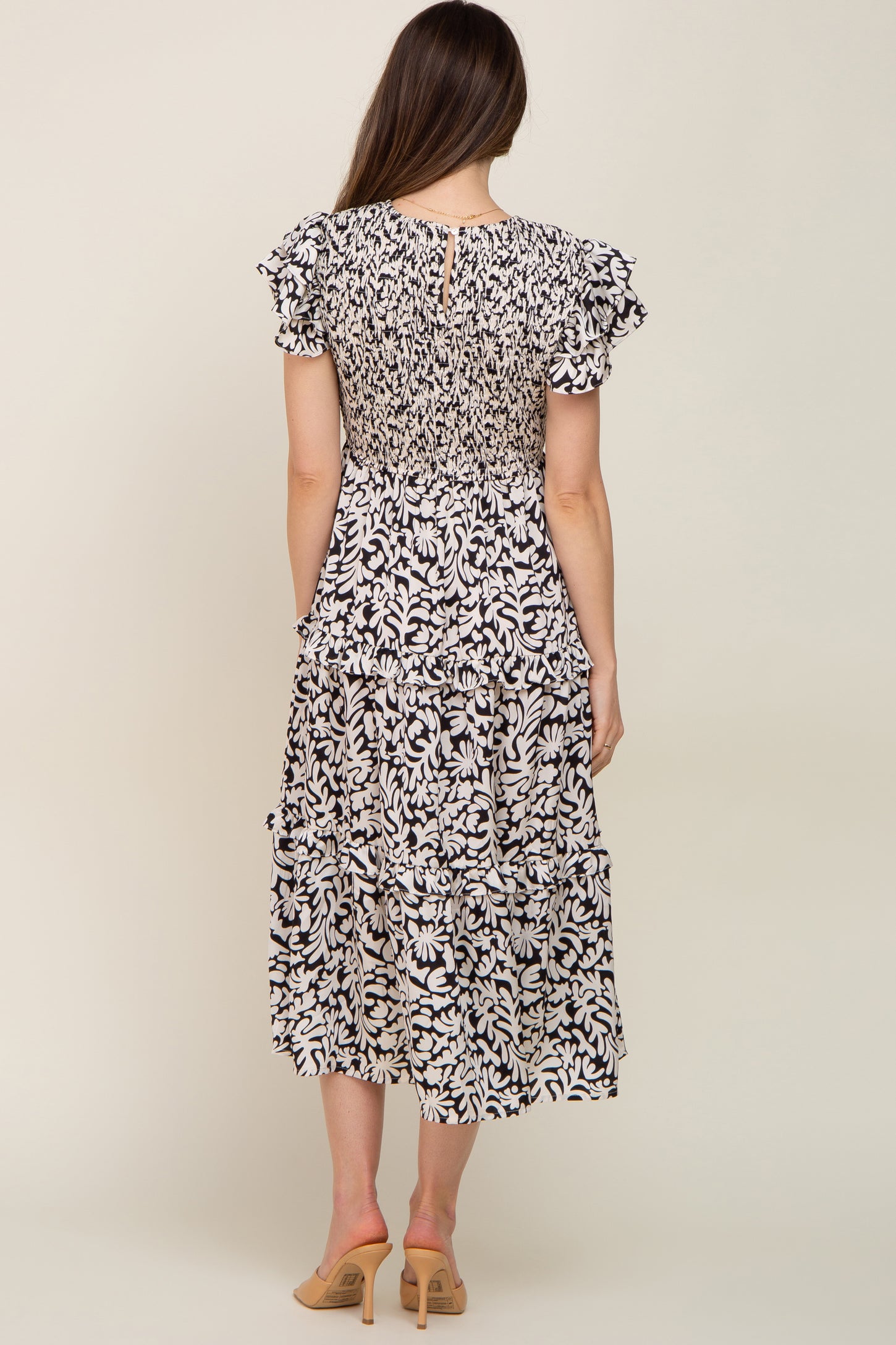 Black Smocked Ruffle Tiered Maternity Midi Dress