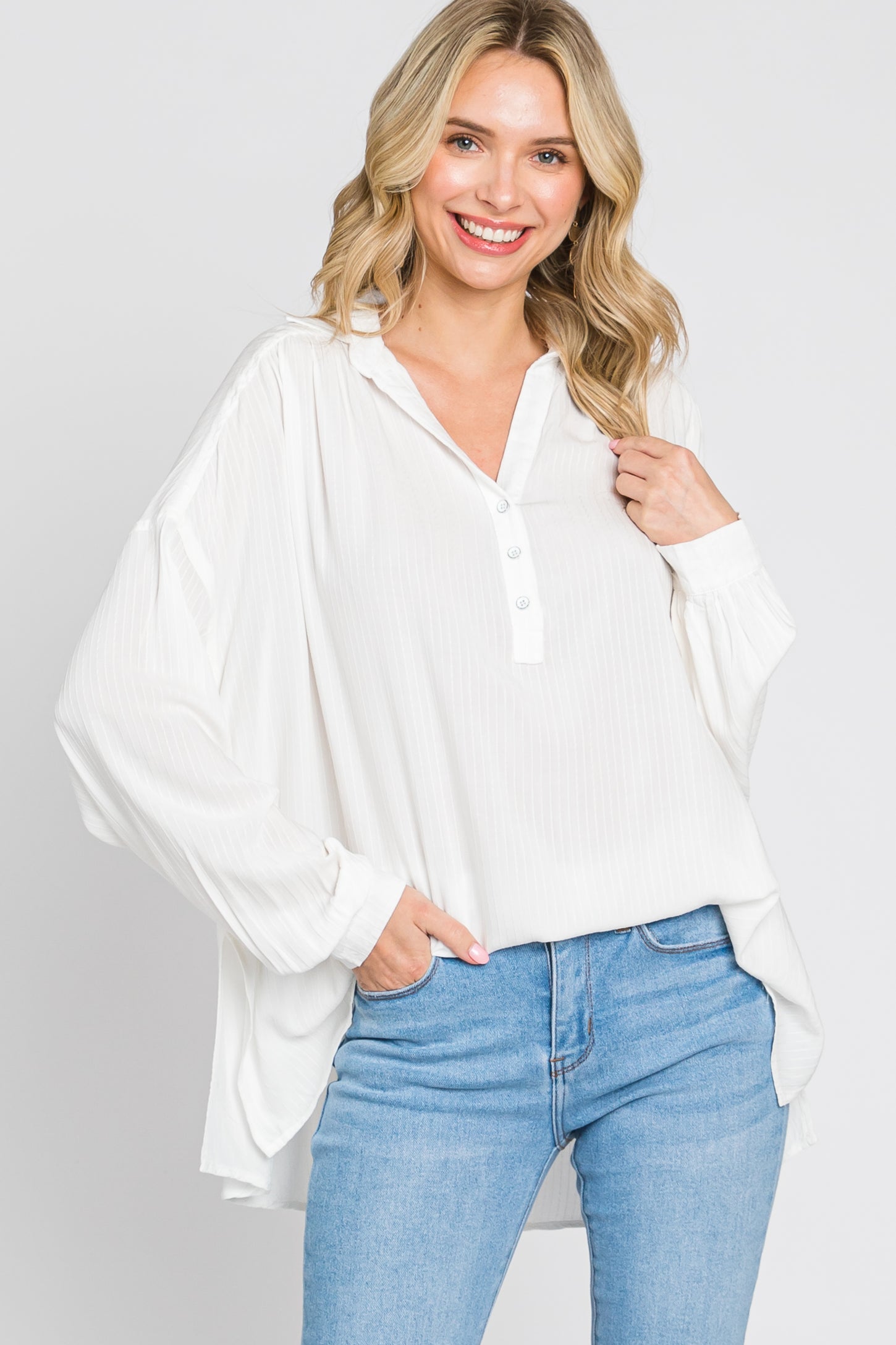 Ivory Lightweight Striped Textured Collared Maternity Top