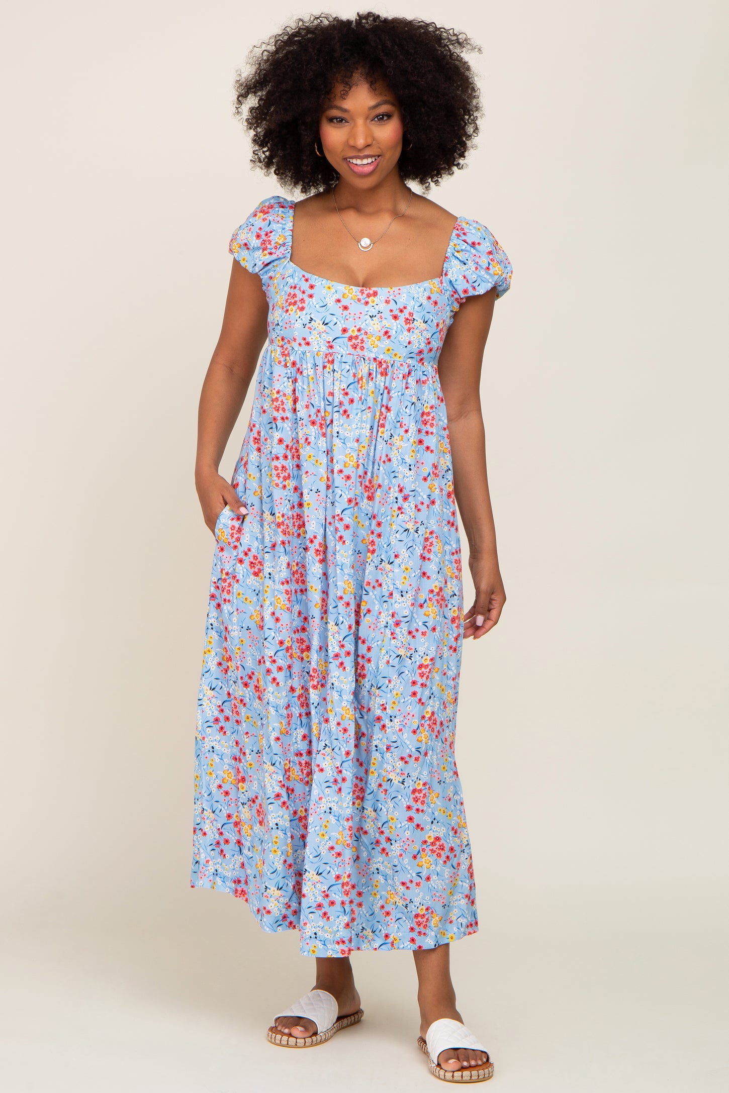 Light Blue Floral Back Cutout Maternity Midi Dress