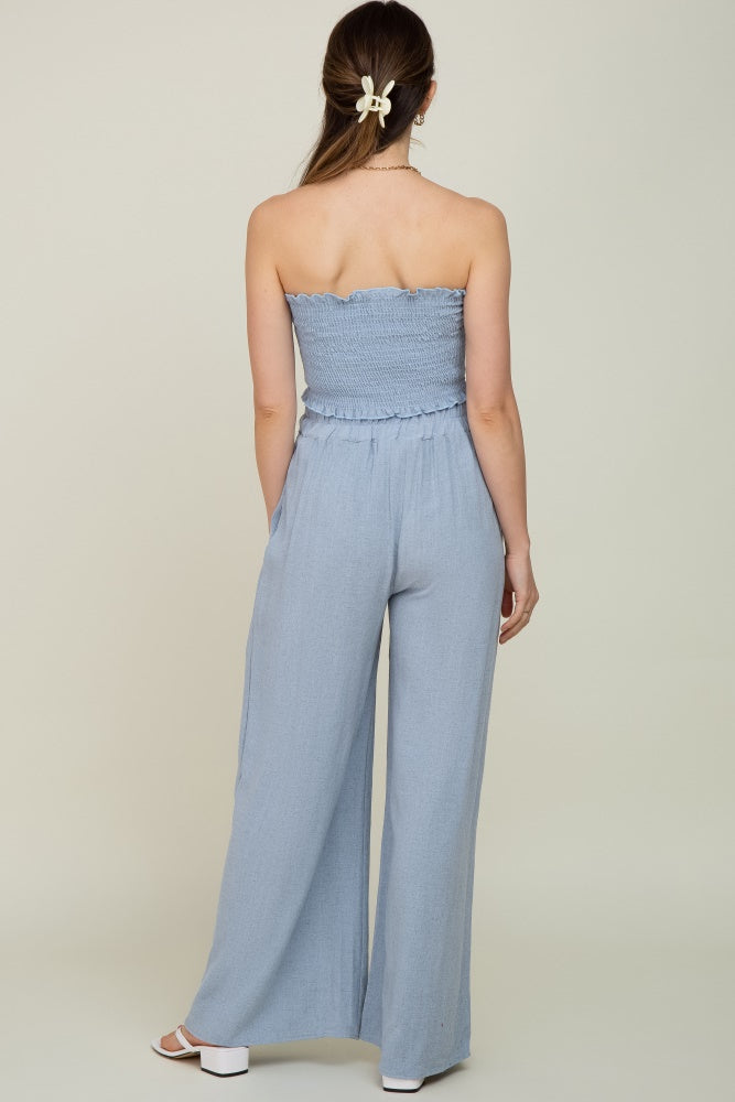 Light Blue Front Tie Crop Top and Pant Maternity Set