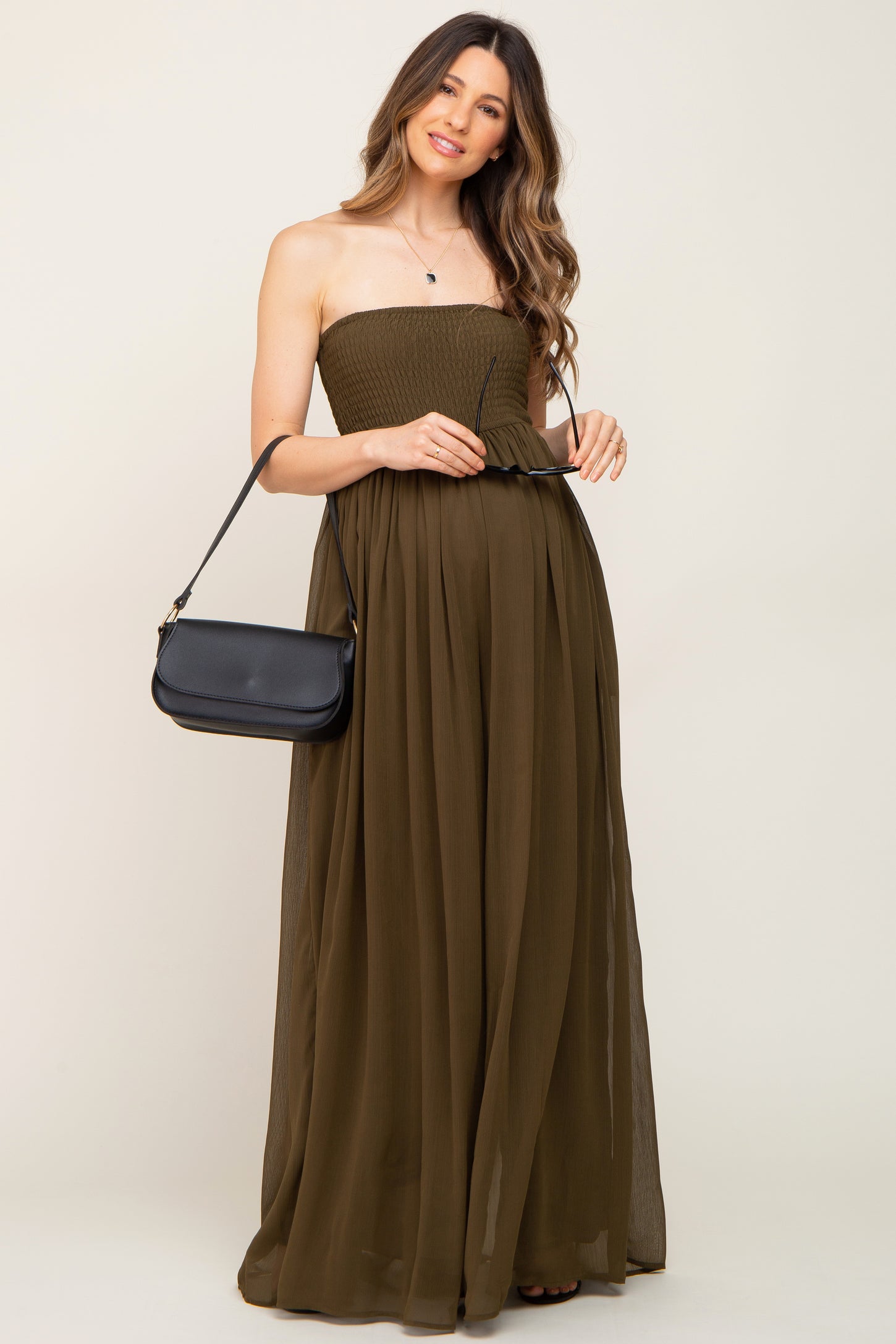 Olive Smocked Strapless Wide Leg Maternity Jumpsuit