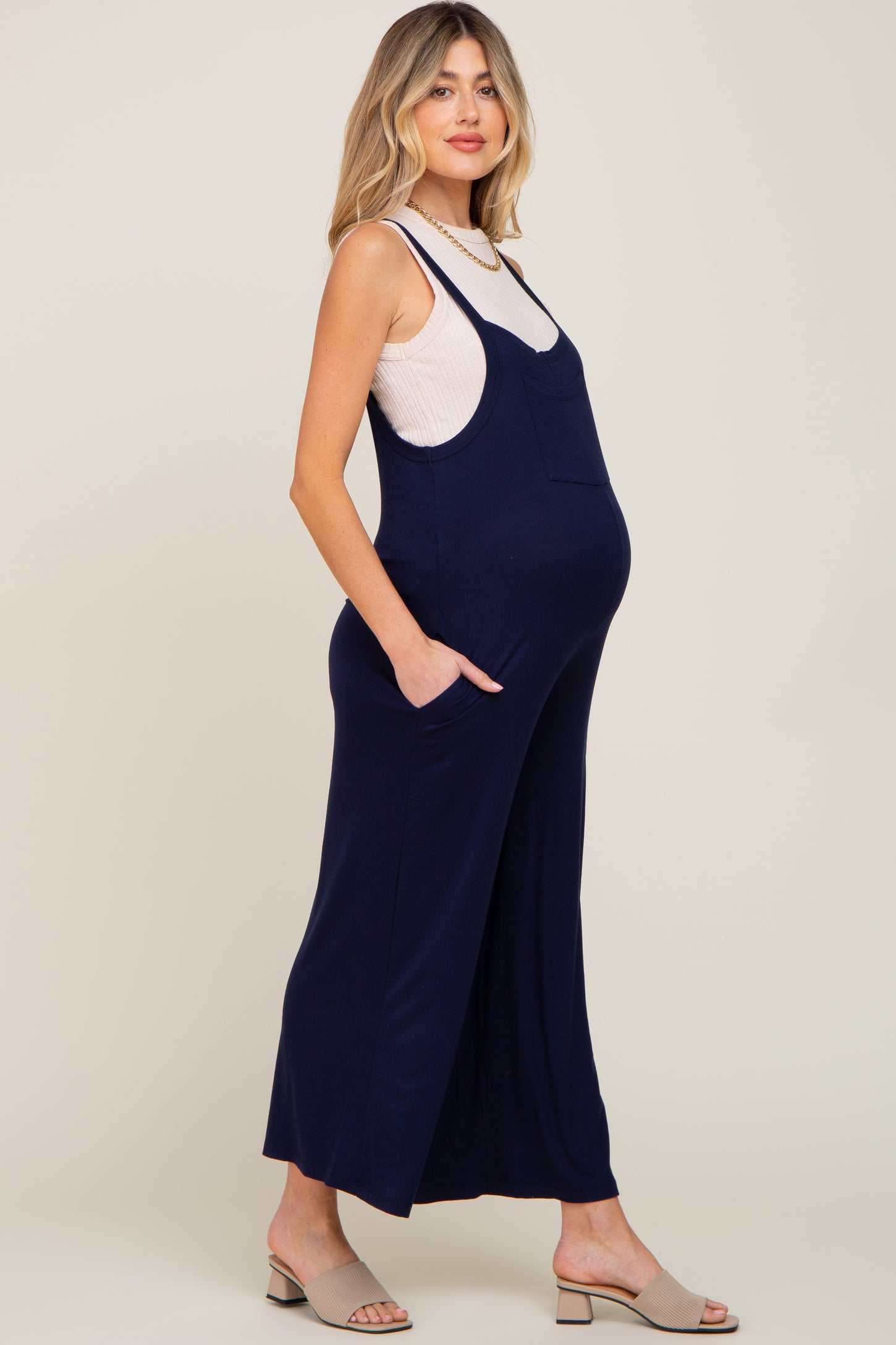 Dark Navy Sleeveless Wide Leg Maternity Jumpsuit