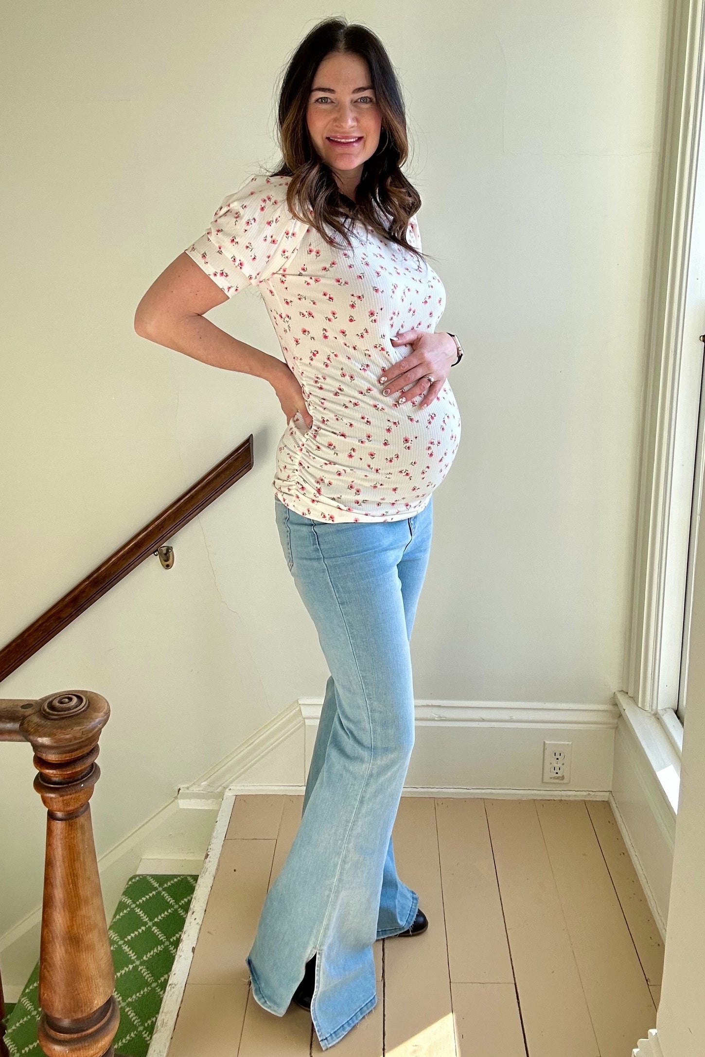 Ivory Floral Side Ruched Maternity Short Sleeve Top