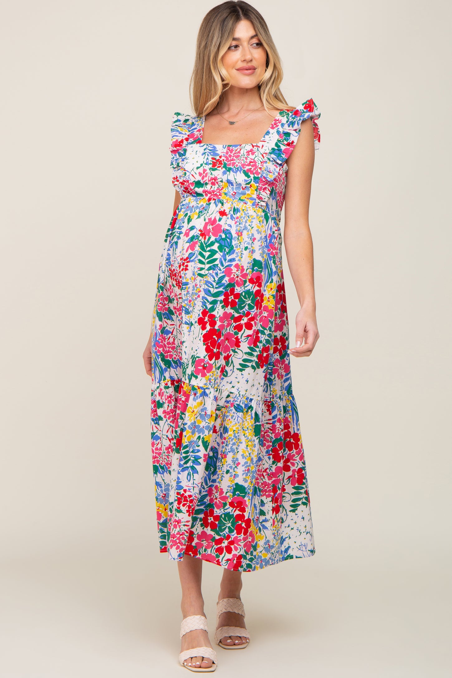 Multicolor Floral Ruffle Accent Maternity Maxi Dress