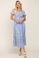 Blue Floral Sweetheart Drawstring Neck Short Sleeve Midi Dress
