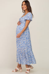 Blue Floral Sweetheart Drawstring Neck Short Sleeve Maternity Midi Dress