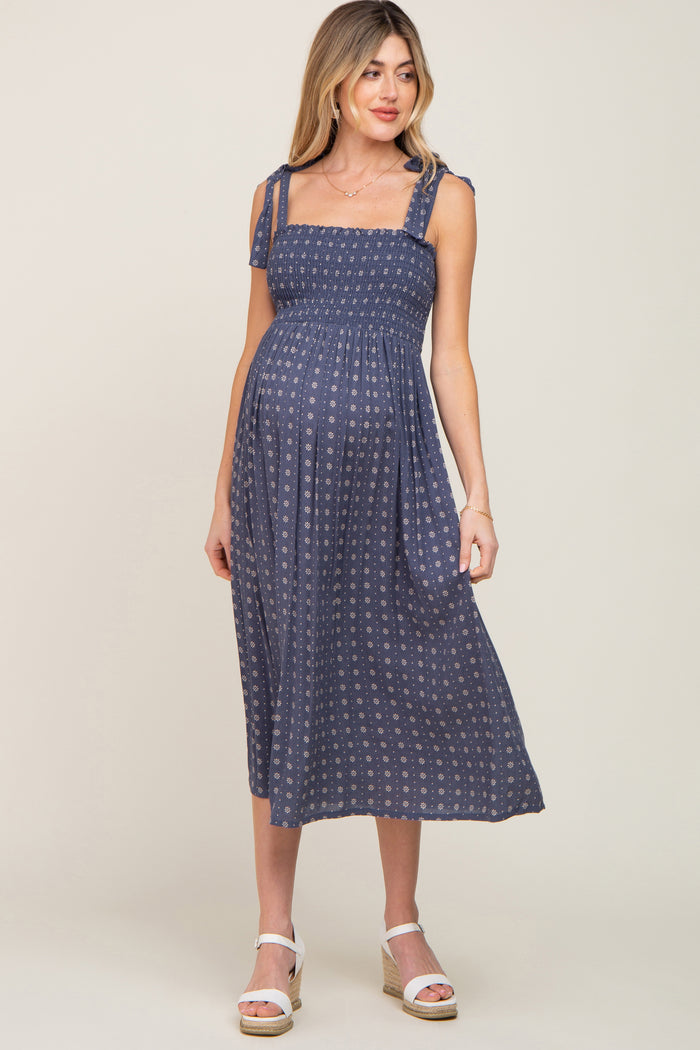 Navy Floral Sleeveless Maternity Midi Dress