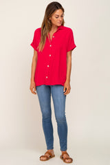 Fuchsia Collared Button-Down Short Sleeve Blouse