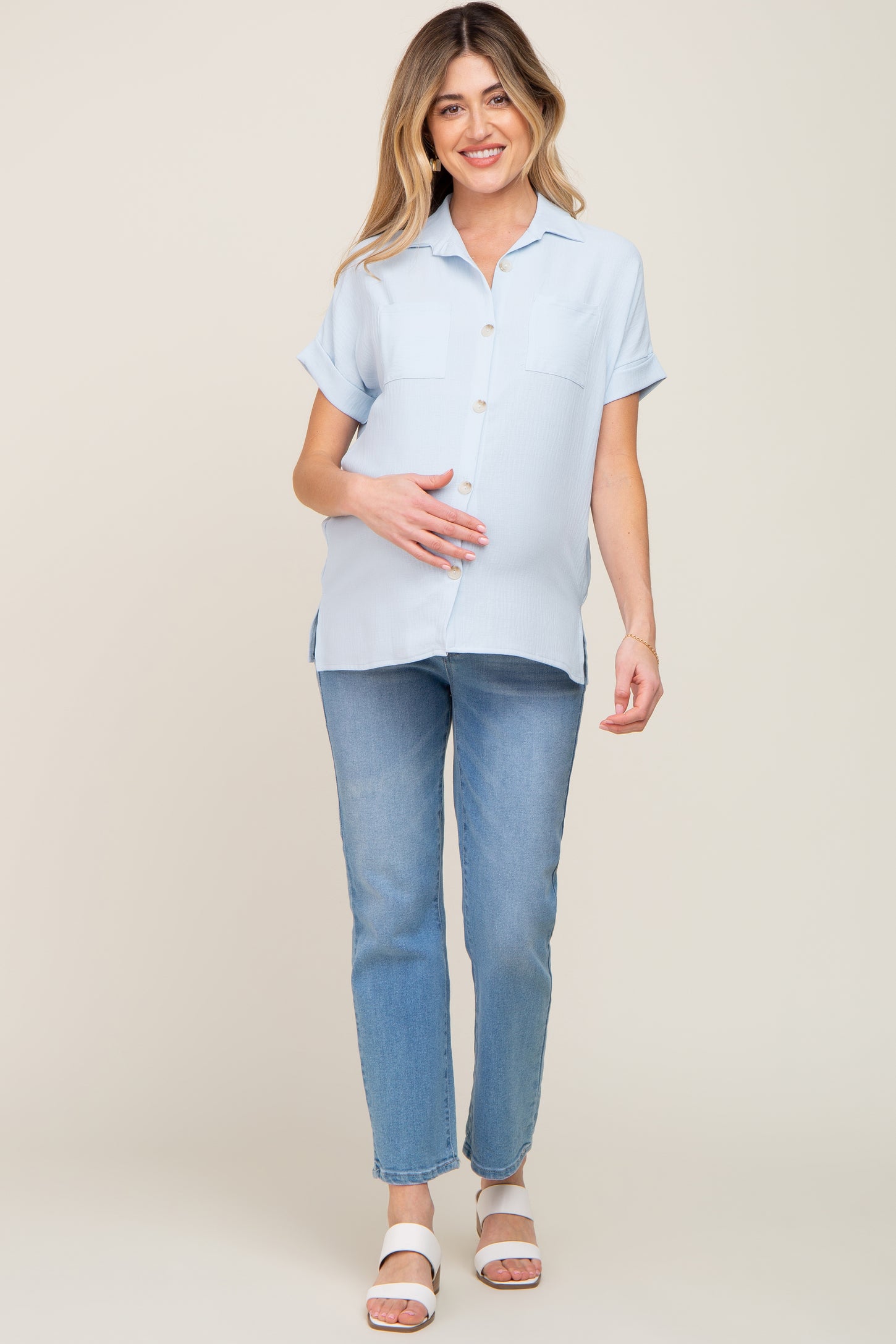 Light Blue Collared Button-Down Short Sleeve Maternity Blouse
