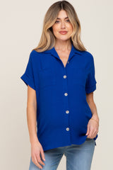 Royal Blue Collared Button-Down Short Sleeve Maternity Blouse