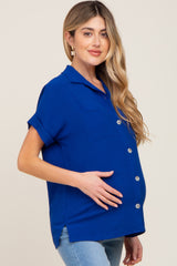 Royal Blue Collared Button-Down Short Sleeve Maternity Blouse