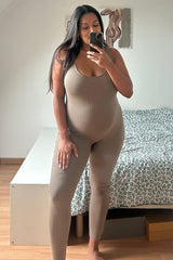 Taupe Ribbed Bodycon Maternity Jumpsuit