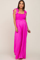 Fuchsia Satin Smocked Square Neck Shoulder Tie Maternity Jumpsuit