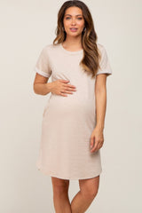 Beige French Terry Cuffed Short Sleeve Maternity Dress