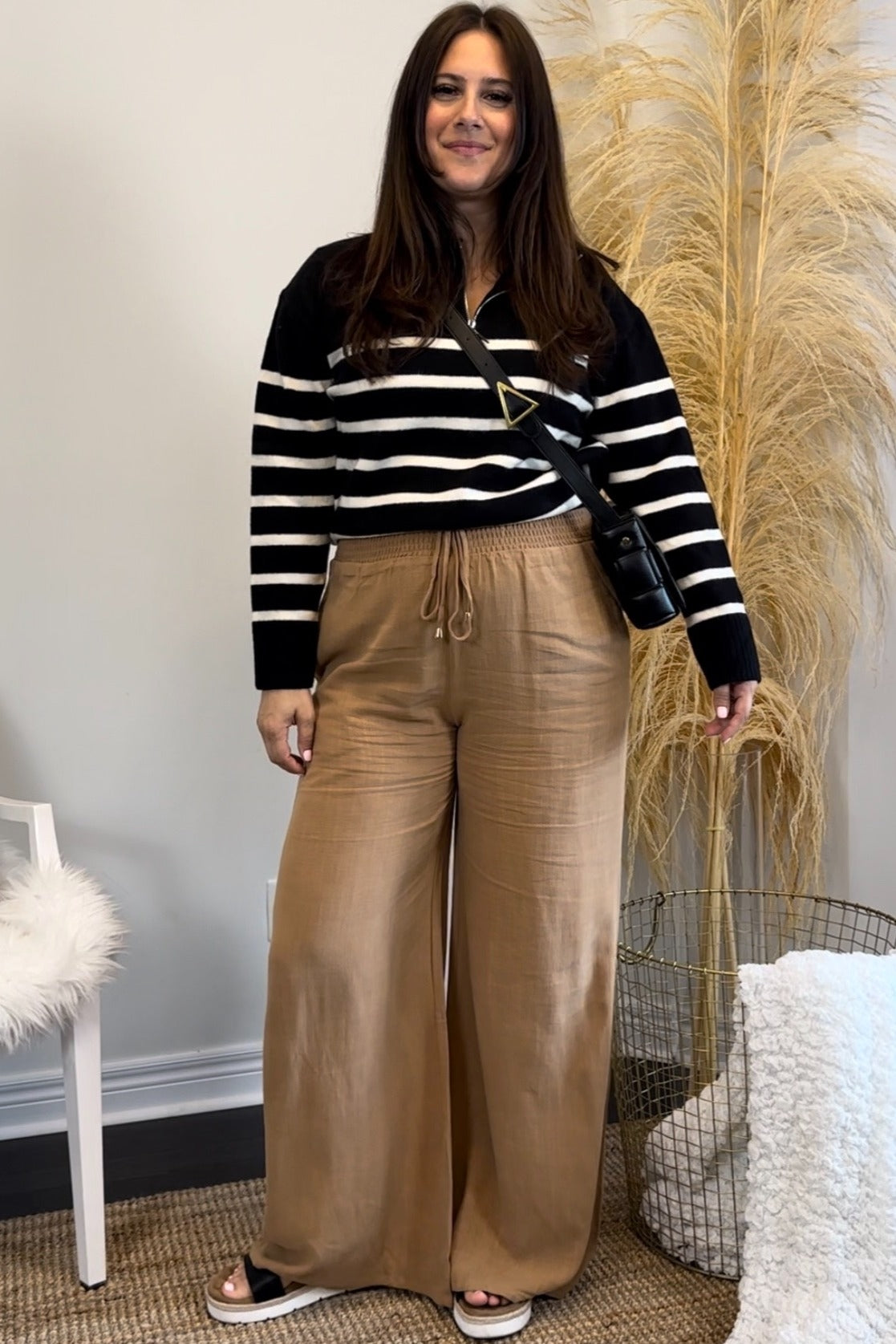 Camel Smocked Waist Wide Leg Linen Pants