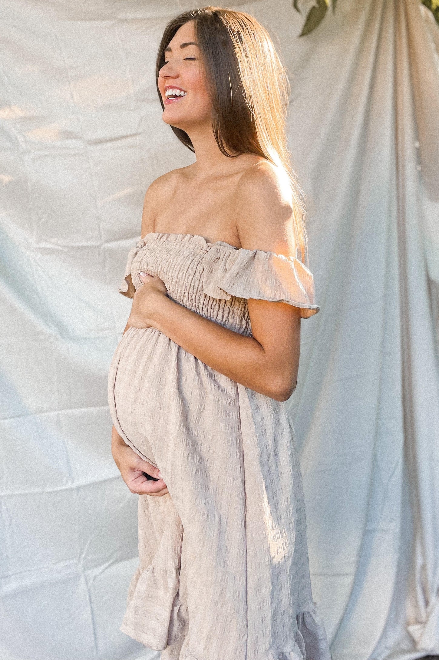 Taupe Textured Sleeveless Smocked Maternity Dress