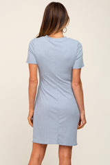 Slate Blue Ribbed Ruched Side Fitted Dress