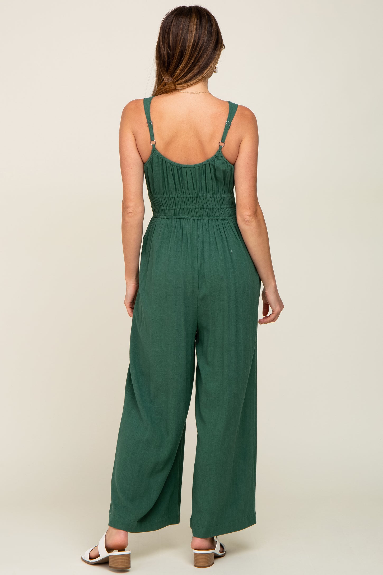 Green Smocked Square Neck Sleeveless Linen Jumpsuit