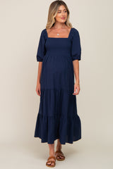 Navy Blue Square Neck Smocked Tiered Maternity Maxi Dress
