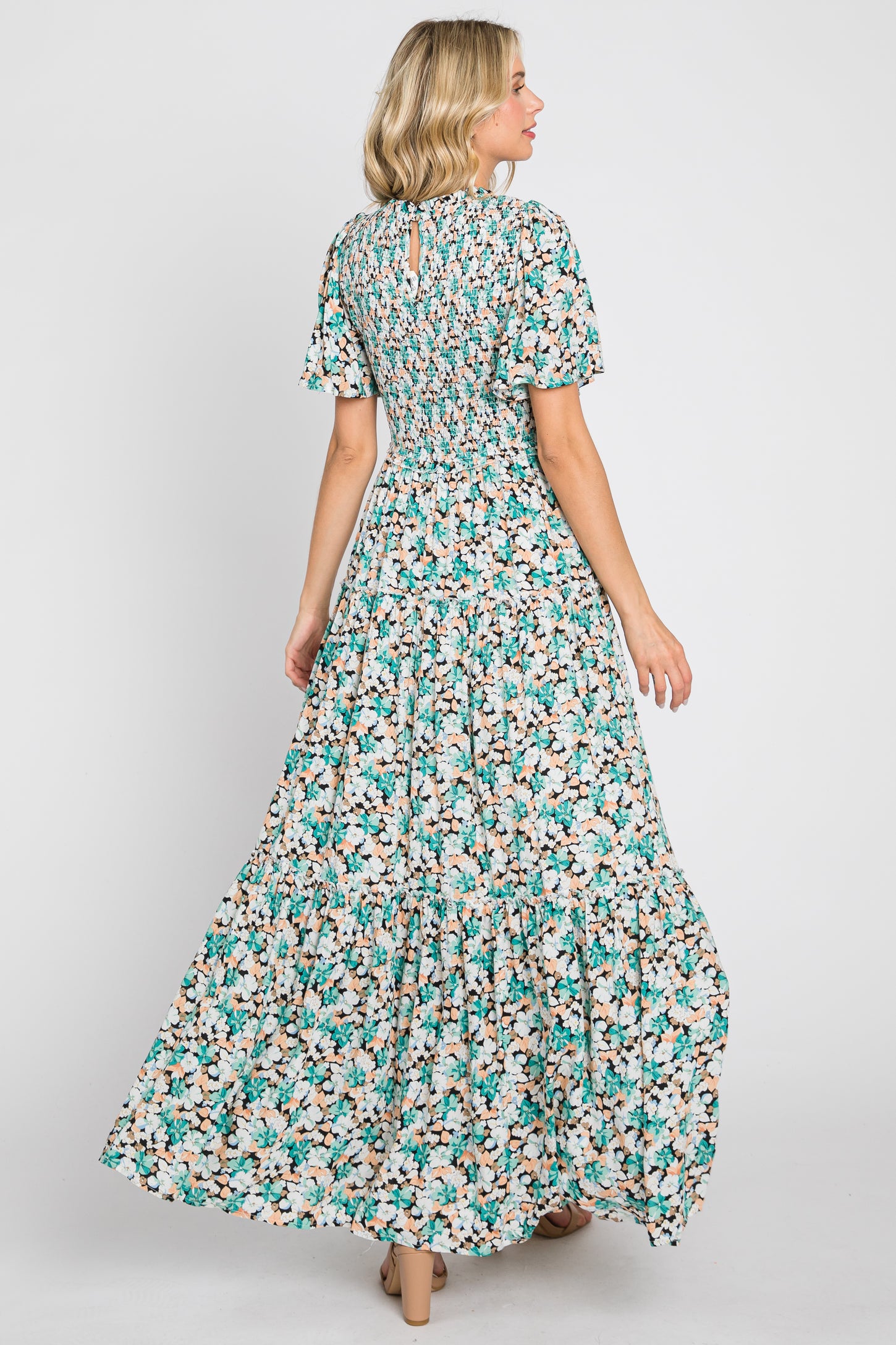 Green Floral Smocked Tiered Maxi Dress
