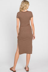Brown Striped Side Slit Fitted Midi Dress