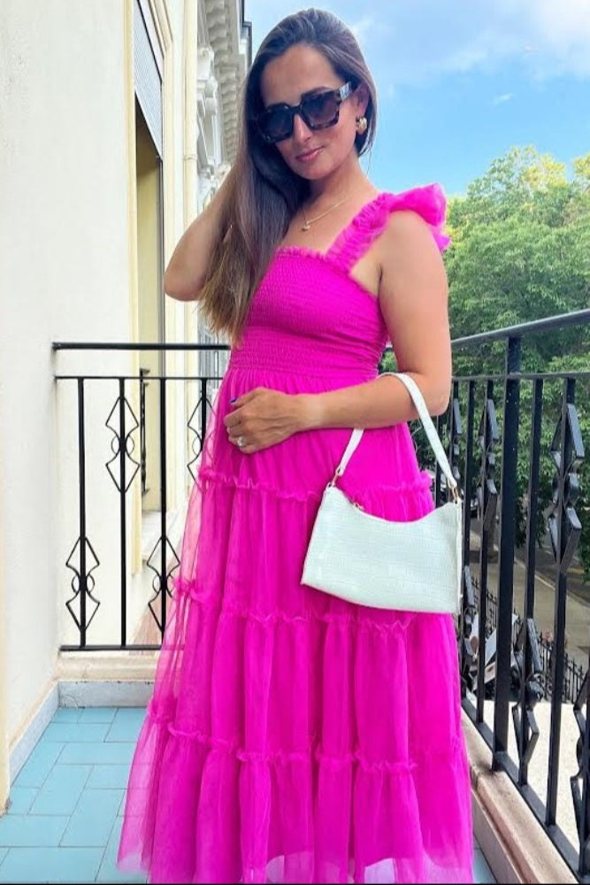 Fuchsia Smocked Mesh Ruffle Accent Maternity Midi Dress
