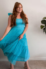 Turquoise Smocked Mesh Ruffle Accent Midi Dress