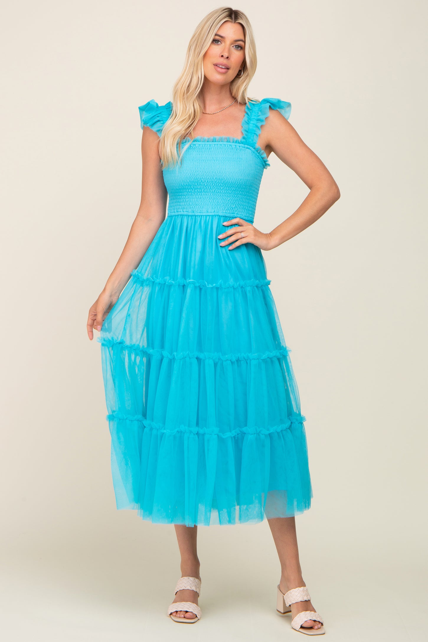 Turquoise Smocked Mesh Ruffle Accent Midi Dress