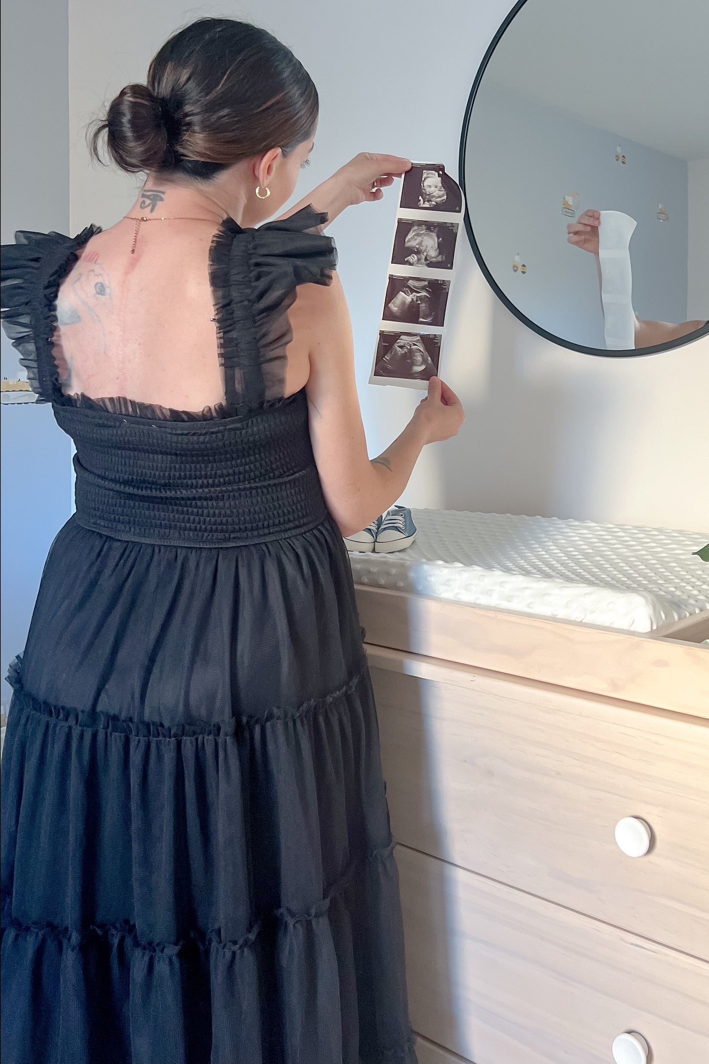 Black Smocked Mesh Ruffle Accent Maternity Midi Dress