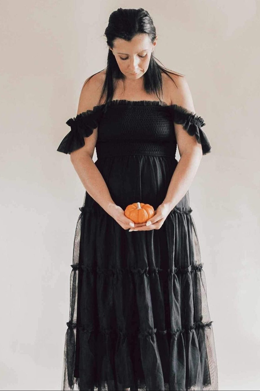 Black Smocked Mesh Ruffle Accent Maternity Midi Dress