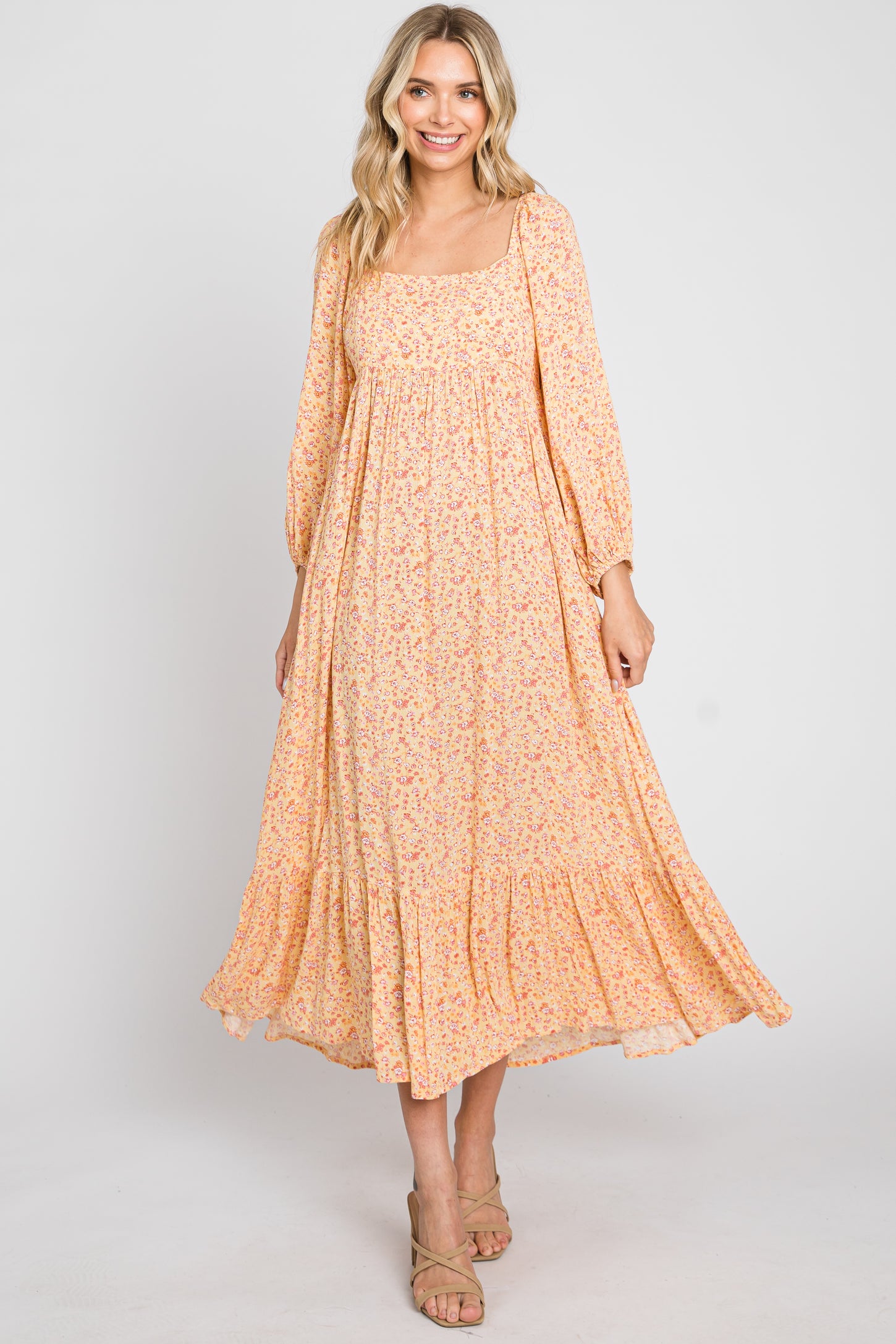 Yellow Floral Square Neck 3/4 Sleeve Maternity Midi Dress