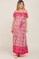 Red Floral Paisley Ruffle Off Shoulder Maternity Maxi Dress