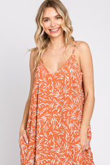 Rust Leaf Print Double V-Neck Maxi Dress